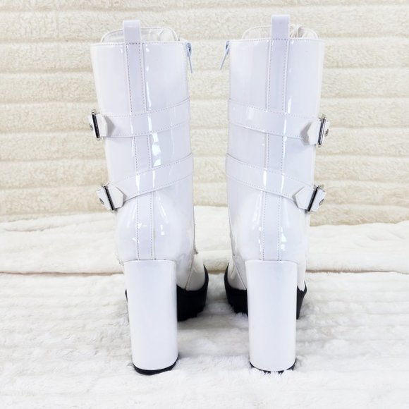 Bright White Patent Lug Sole Studded Strap Ankle Boots Temptress - Picture 4 of 12